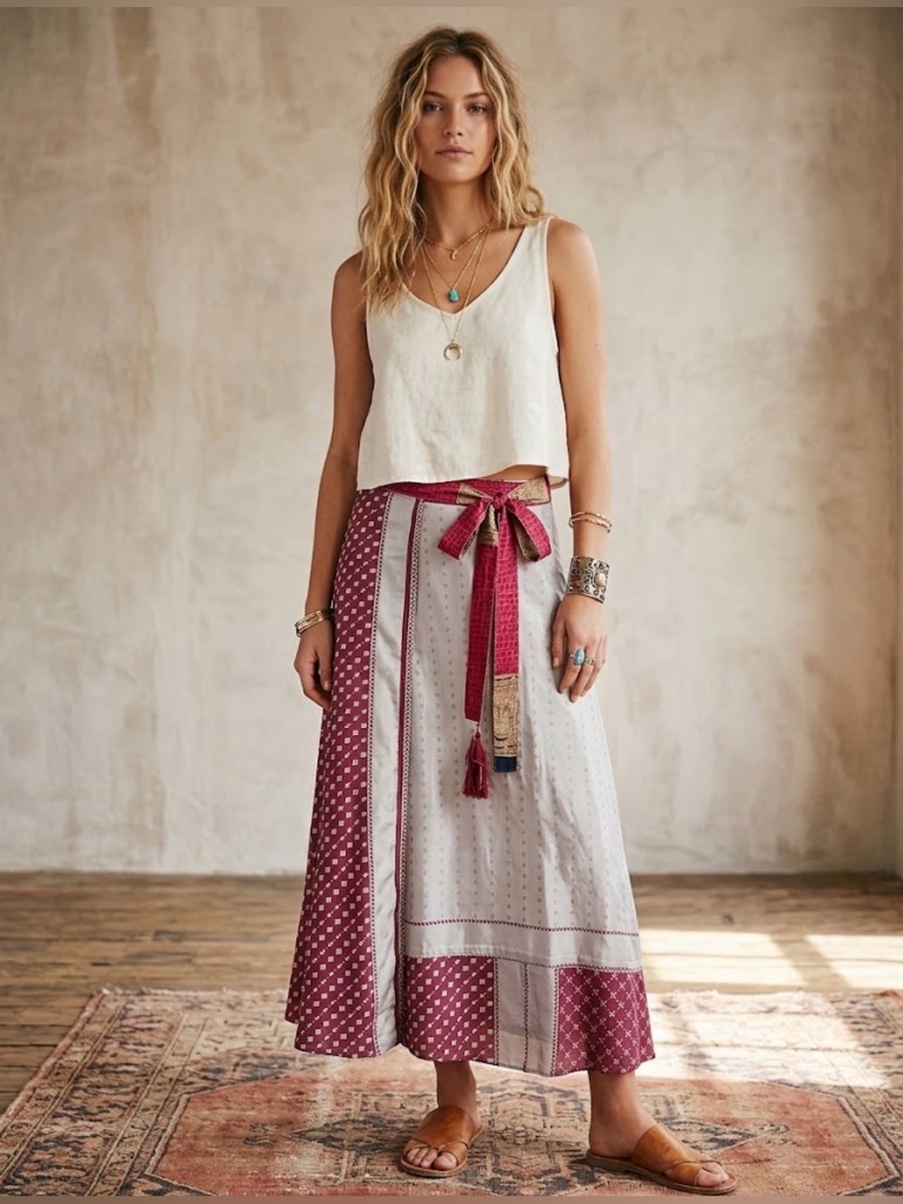 Boho Maxi Skirt with Wine and Cream Patchwork
